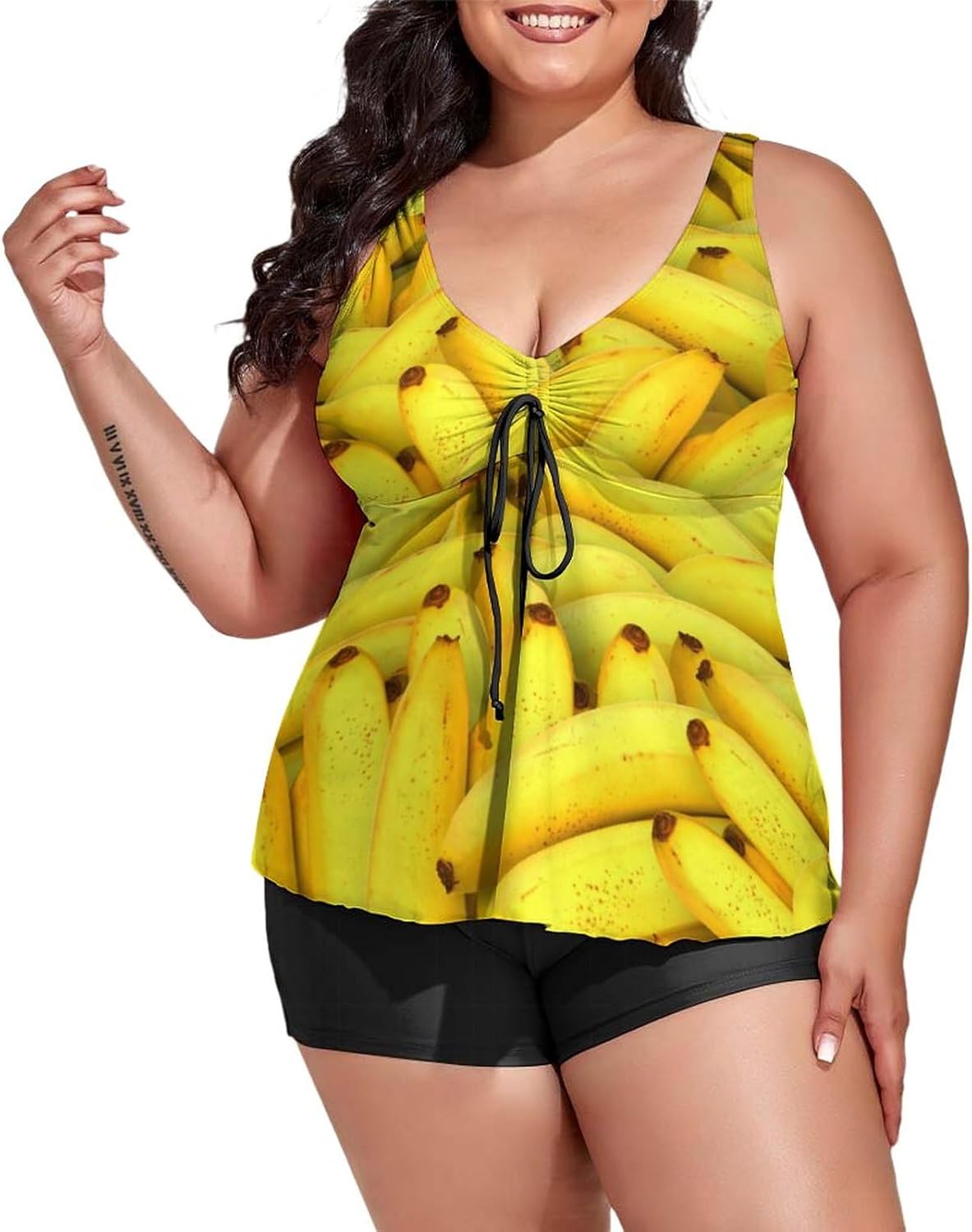 Womens Plus Size Tankini Swimsuits with Shorts Bananas Fruit Two Piece Bathing Suit Summer Fruit Swimwear Tummy Control