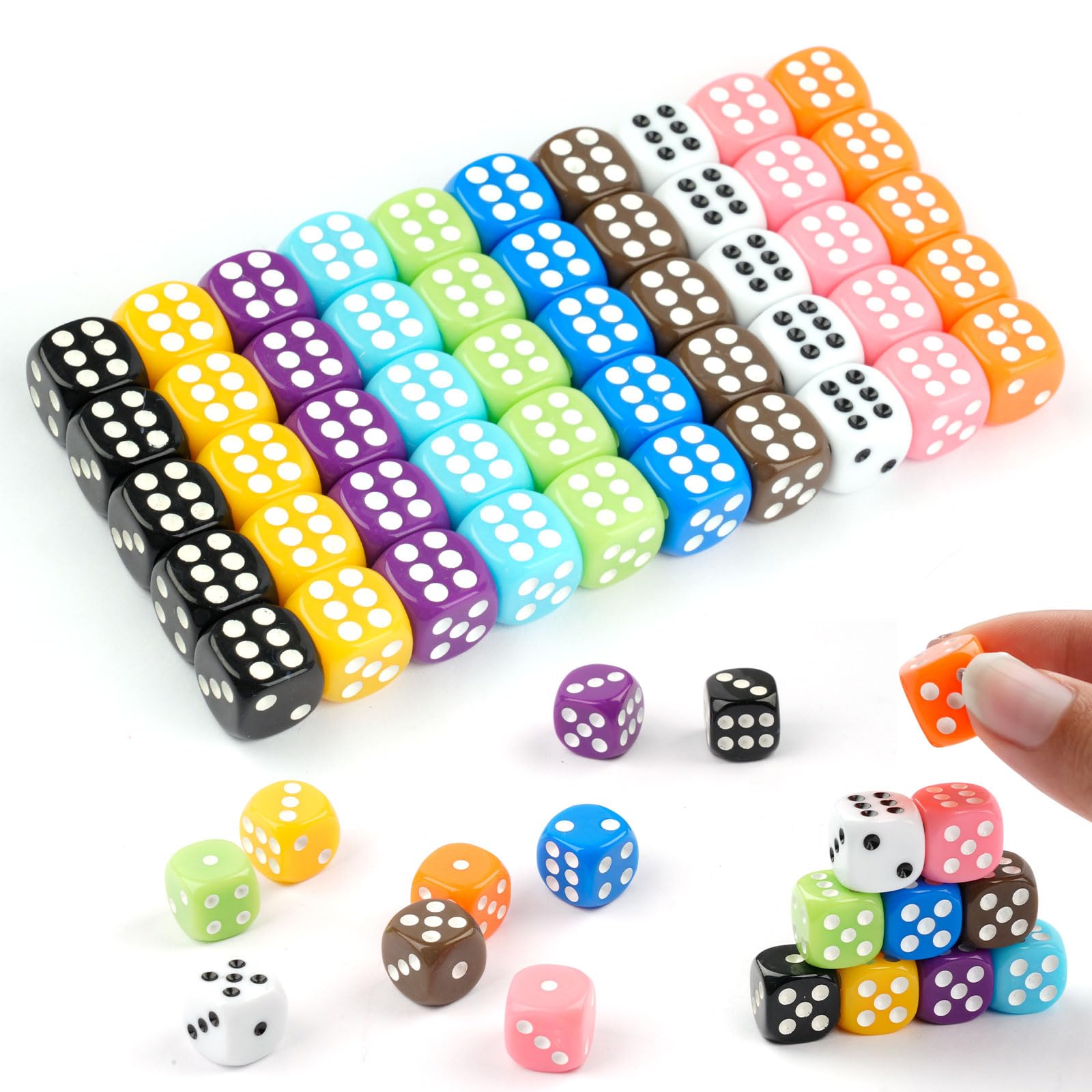 50 Stück Würfel Set, 14mm Spielwürfel, Acryl Würfel Bunt mit Runden Ecken für Würfelspiele Tischspiele Bar KTV Party Tutoring, 10 Farben mit Aufbewahrungstasche (Undurchsichtige Farbe)