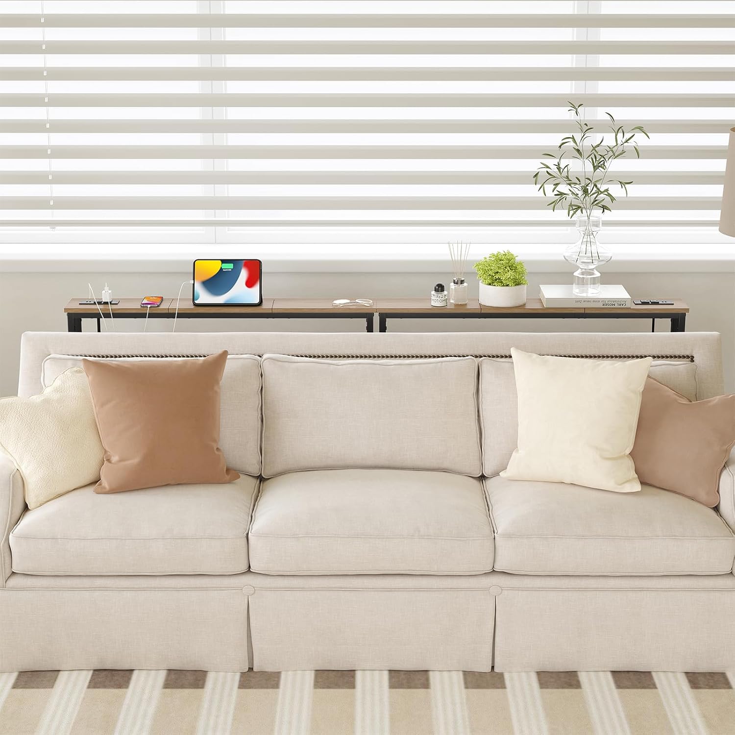 ELYKEN 2 Pack 5.9" Narrow Console Sofa Table with Power Outlets, Total 78.8” Long Behind Couch Table with Charge Station and 5.9’ Extension Cord for Living Room, 5.9" D x 78.8”W x 29.5”H, White Oak