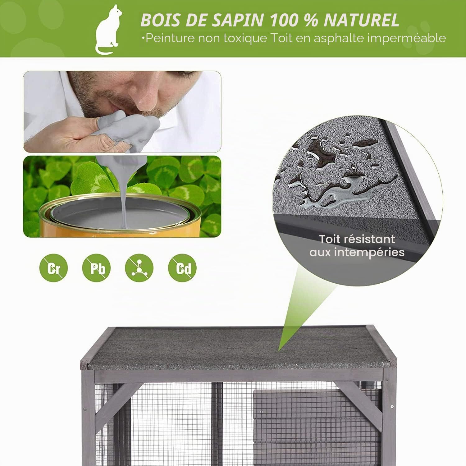 Cage pour chat en bois 180 cm avec roues, barres de renfort et toit imperméable