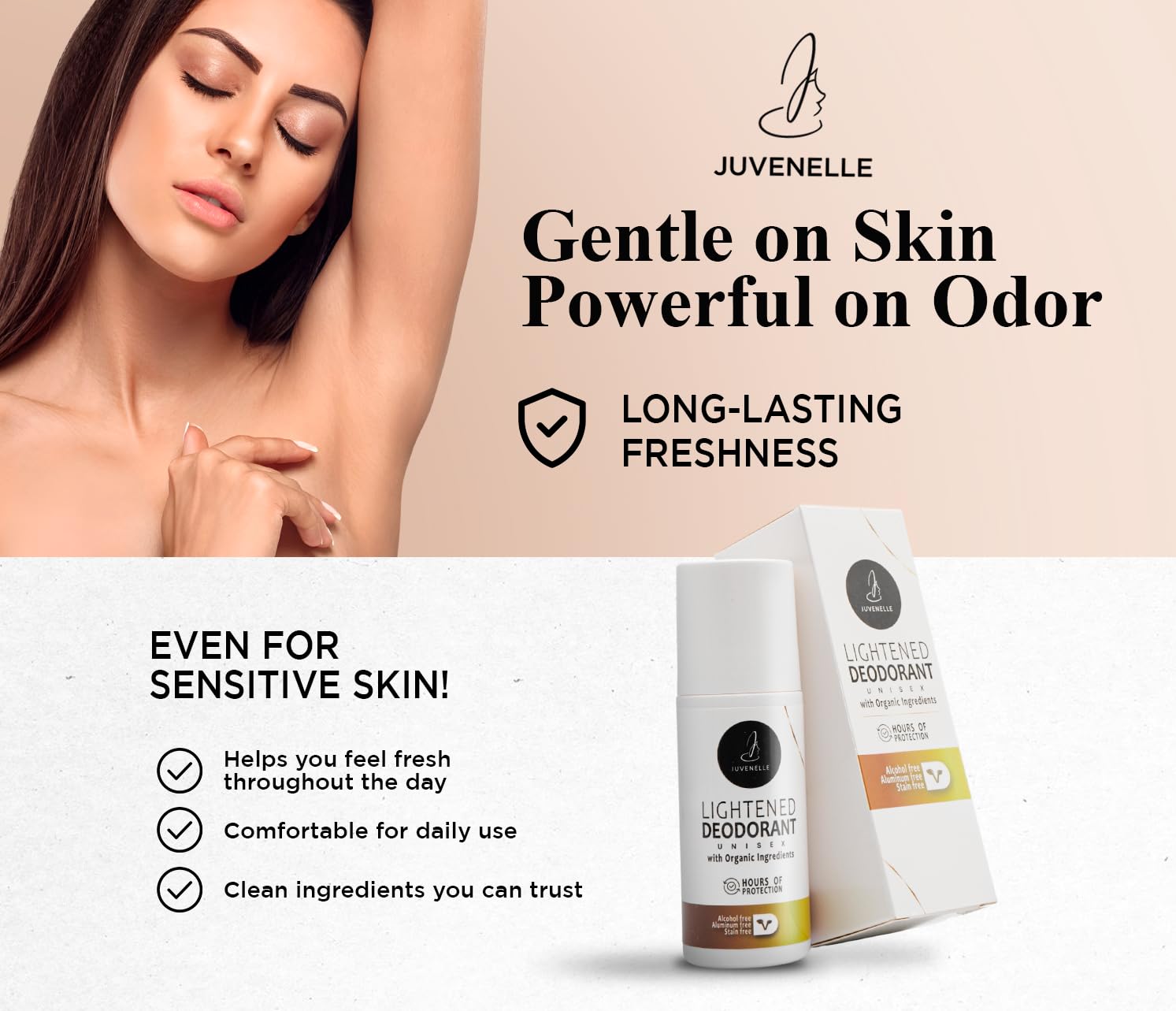 Lightened Natural Deodorant for Women & Men - Aluminum Free, Organic Ingredients, Skin-Brightening Formula - 24-Hour Odor Protection, Unisex, Alcohol-Free (75ml Roll-On)