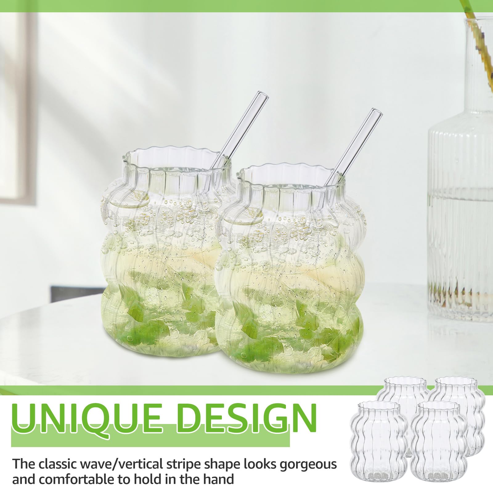 ZLHETWT 8Pcs Ribbed Glass Cups Set Creative Wavy Drinking Glasses Clear Glassware for Coffee Cocktail Juice Water Soda Tea Drinking Glasses Straws 650ml