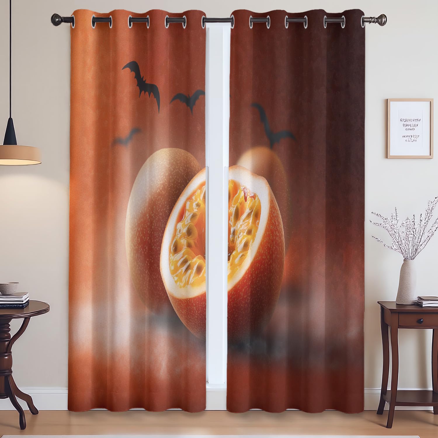 Otherworldly Grace Realistyczne nietoperze z marakui Halloween poliestrowe zasłony do przedszkola lub pokoju zabaw - zasłony z oczkami redukujące dźwięk i ciepło, blokujące słońce, karmelowy