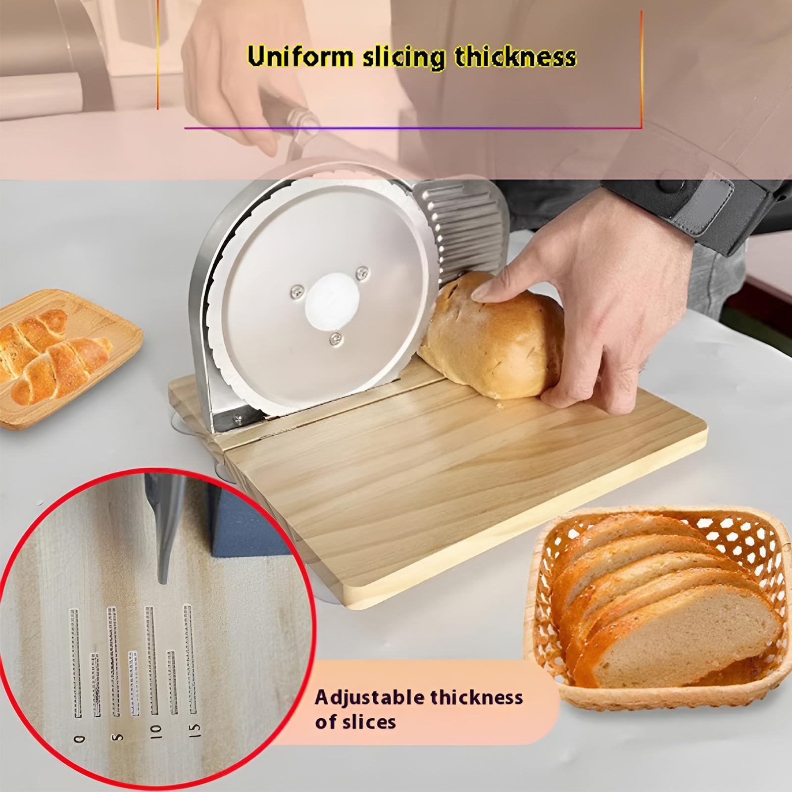 Cortador manual de pan con grosor ajustable, cortador de manivela para masa madre casera y pan sándwich, rebanadas uniformes con escala y base de succión