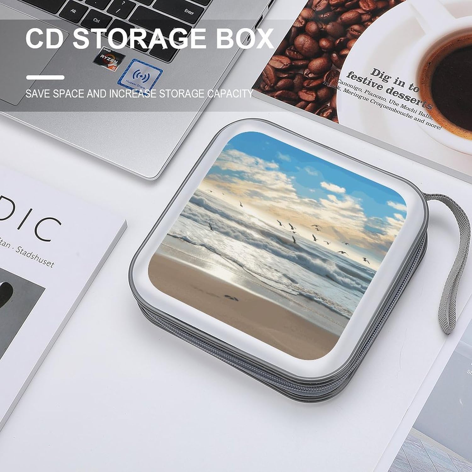 Waves on The Beach with Sea Birds CD Case with Hand Strap Lightweight DVD Wallet Holder 40 Capacity CD/DVD Case Wallet Protective CD Wallet CD/DVD Portable Storage Binder for Car Home Office
