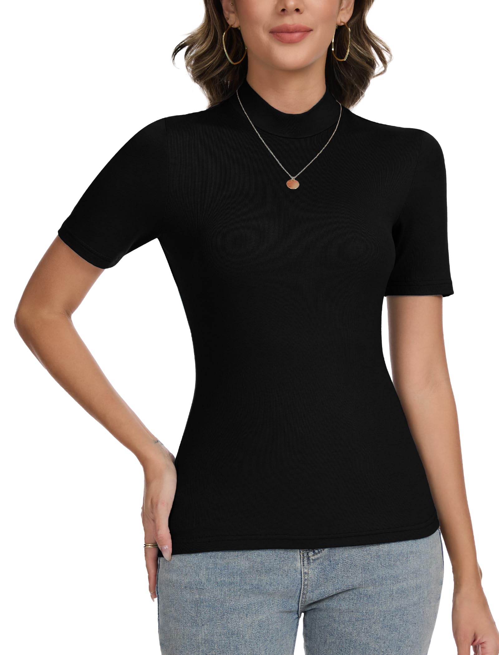 CARCOS Kurzarmpullover Damen Stehkragen Rollkragenshirt Damen Kurzarm Basic Pullover Oberteile Slim Fit Bluse T-Shirt Top für Frühling Sommer Herbst Elegant Shirt
