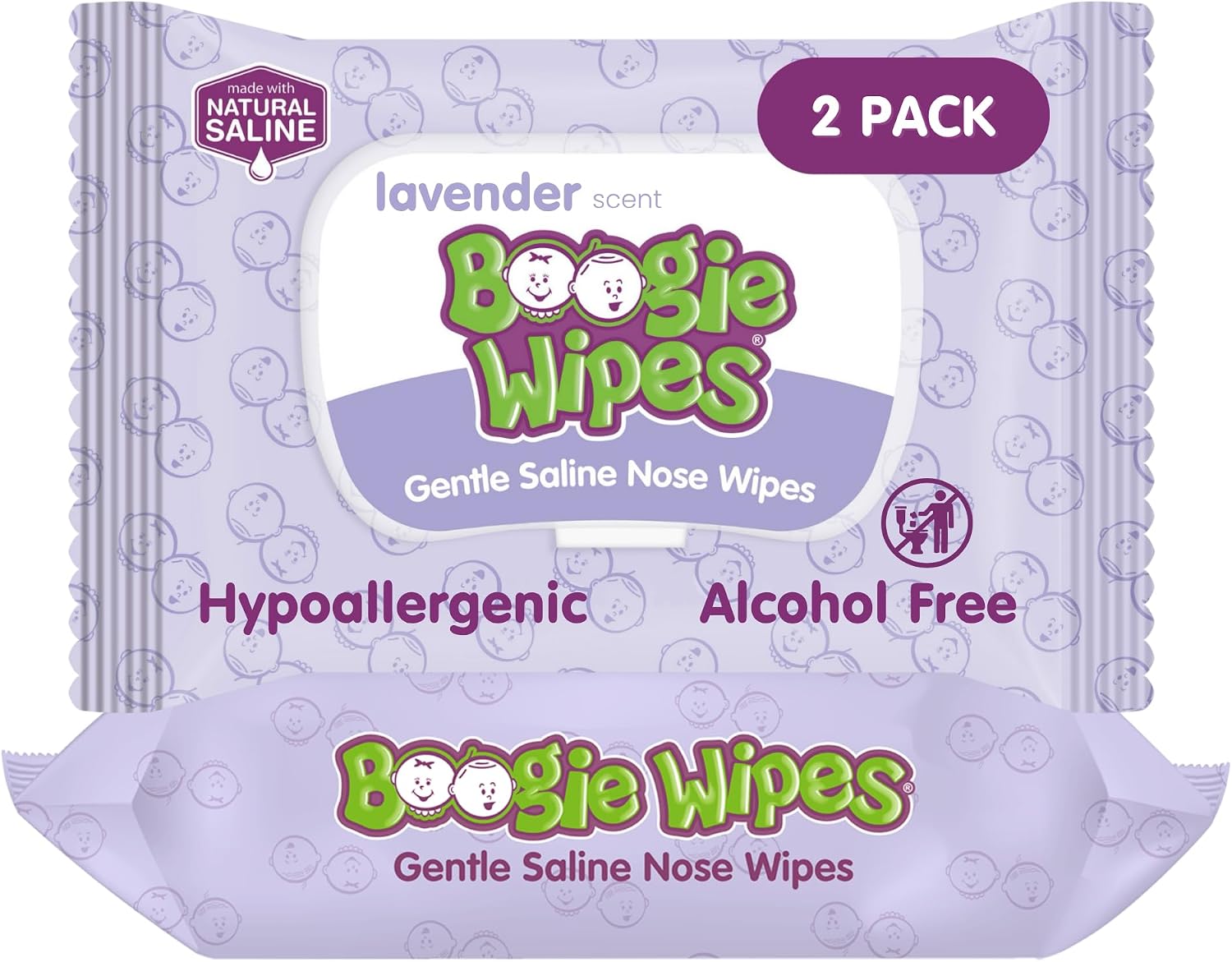 Boogie - Gentle Saline Nose Wipes Lavender Scent - 45 Count (Pack of 2) | Hypoallergenic & Alcohol-Free, Allergy Relief, Made with Natural Saline, Aloe, Chamomile & Vitamin E, Diaper Bag Essential