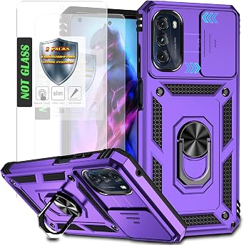 for Moto G 5G Case,with 2 Pcs Explosion-Proof Film,Slide Camera Cover Protective Case with Ring Kickstand for Motorola Moto G 5G 2022,Purple