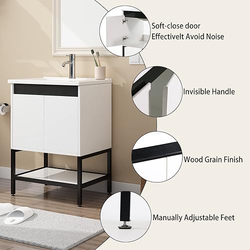 Miniatura 7 de walsport Juego de tocador de baño de 24 pulgadas con lavabo, color blanco, diseño moderno, sin pomo, lavabo con grifo cromado, tocadores de baño