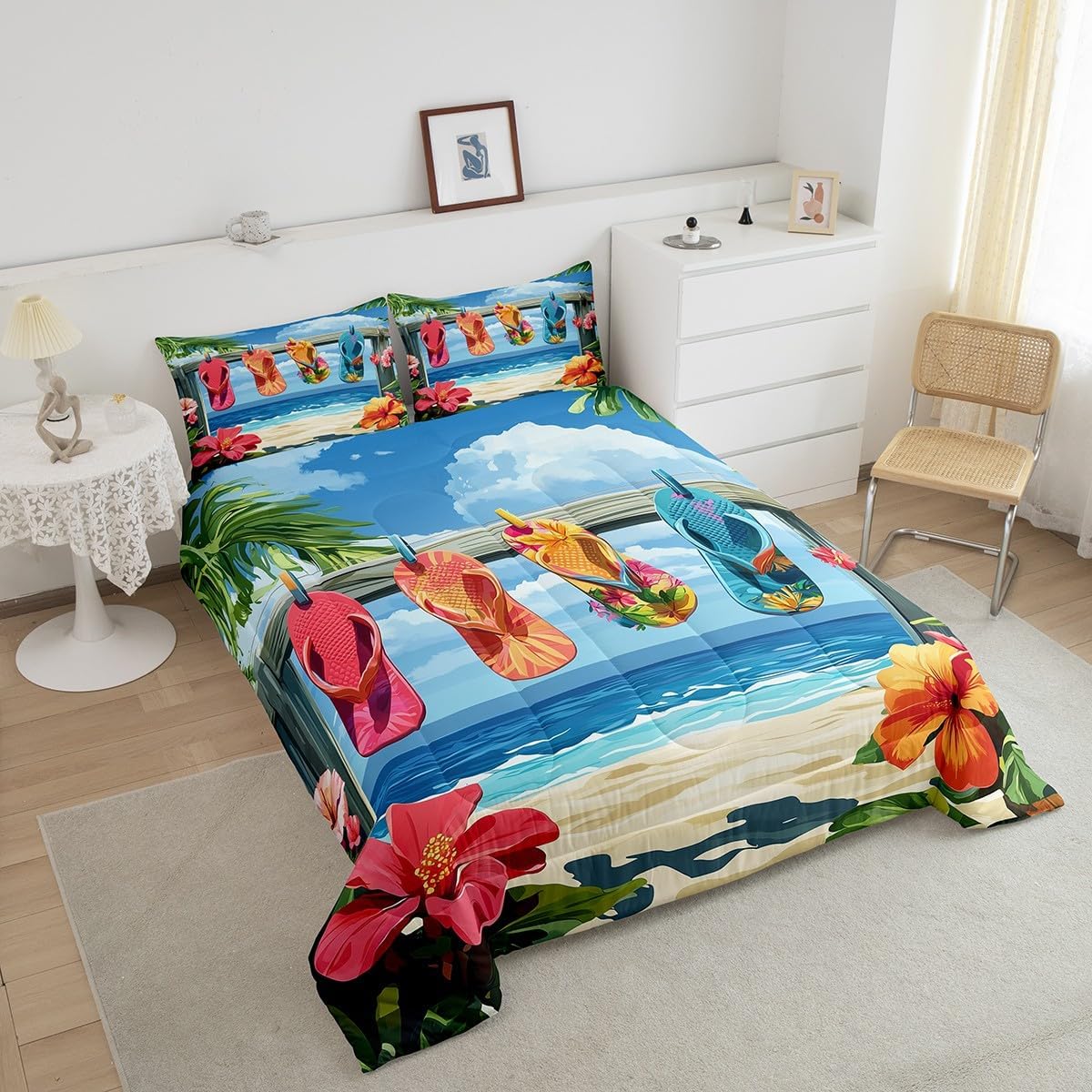 Castle Fairy Watercolor Flip Flops Comforter Set Queen Size,Blue Sea White Flowers Floral Bedding Set for Women Adult,Wooden Board Summer Ocean Holiday Luxury Bed Duvet Insert, 2 Pillowcases