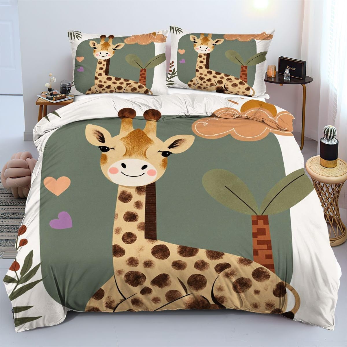 Parure de lit 240x260 cm girafe en microfibre légère au style sobre et raffiné