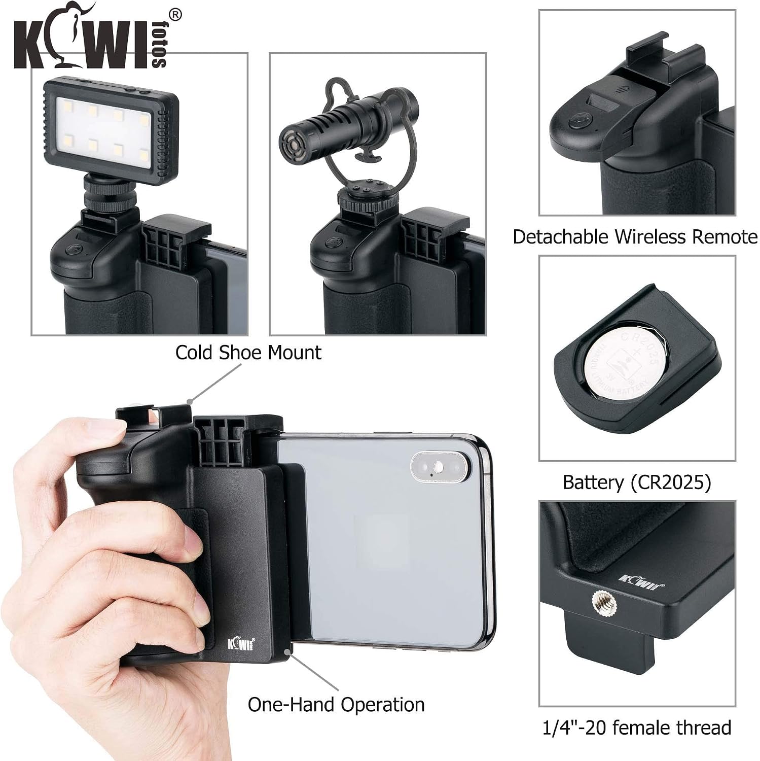 Cell Phone Tripod Mount Camera Grip with Detachable Bluetooth Shutter Remote Control + Vlog Mini Tabletop Tripod with Handgrip for Compact Mirrorless DSLR Camera Selfie Stick
