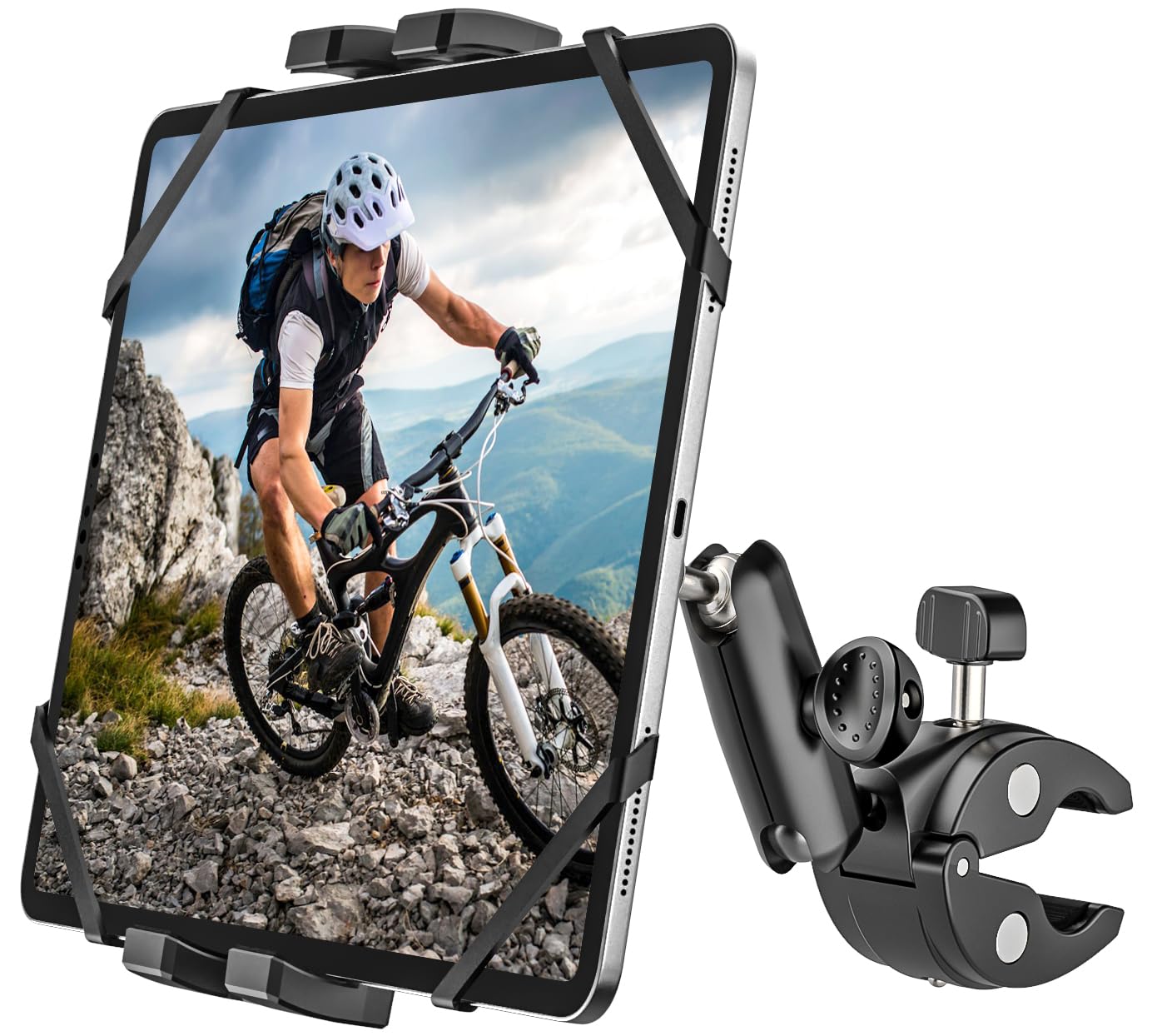 Soporte Tablet Motocicleta Bicicleta [Muy Estable y Duradero] Soporte Tablet Barco Bici Carretera Moto Carrito de Bebe Eliptica, Abrazadera Manillar Tubo para iPad, Galaxy Tab, Móvils, 4-13"