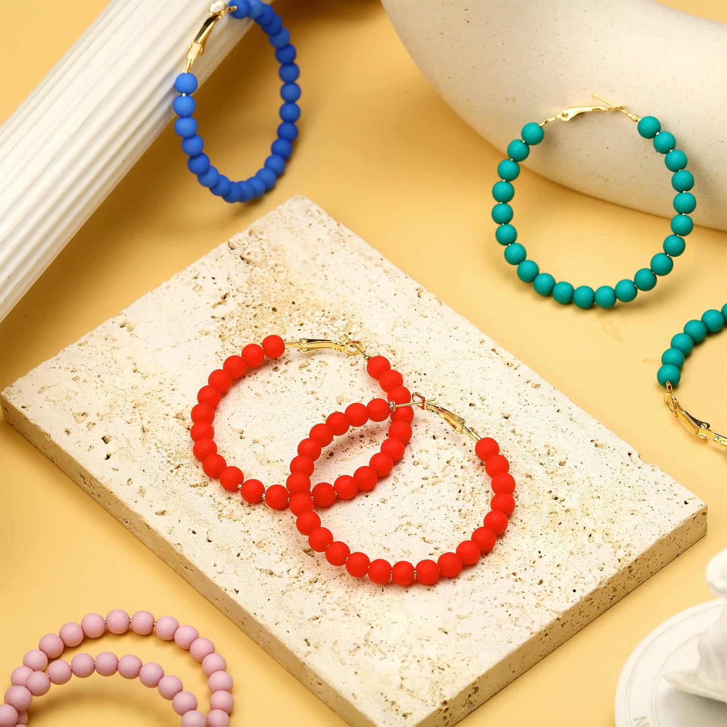 Sureio 16 Pairs Beaded Hoop Earrings Women Bohemian Circle Round Bead Earrings Bulk Colorful Bead Dangle Earrings(2 Inch)