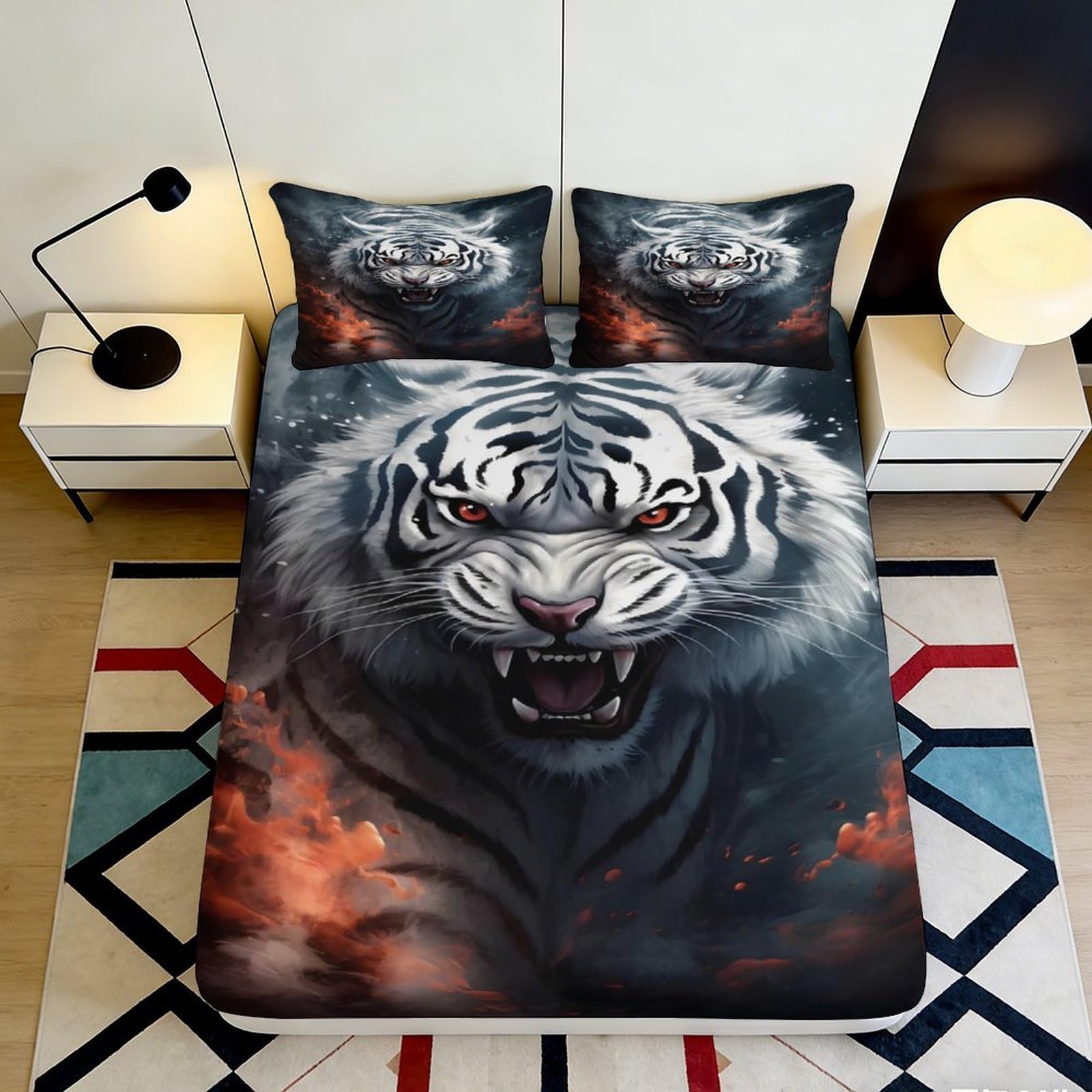 3D Printed fierce tiger Fitted Sheet, soft touch Microfiber, anti-slip, wrinkle resistant, apartment bedding, bedroom décor, easy care, bed cover for home, guest room, 118 chars 90x200x25cm