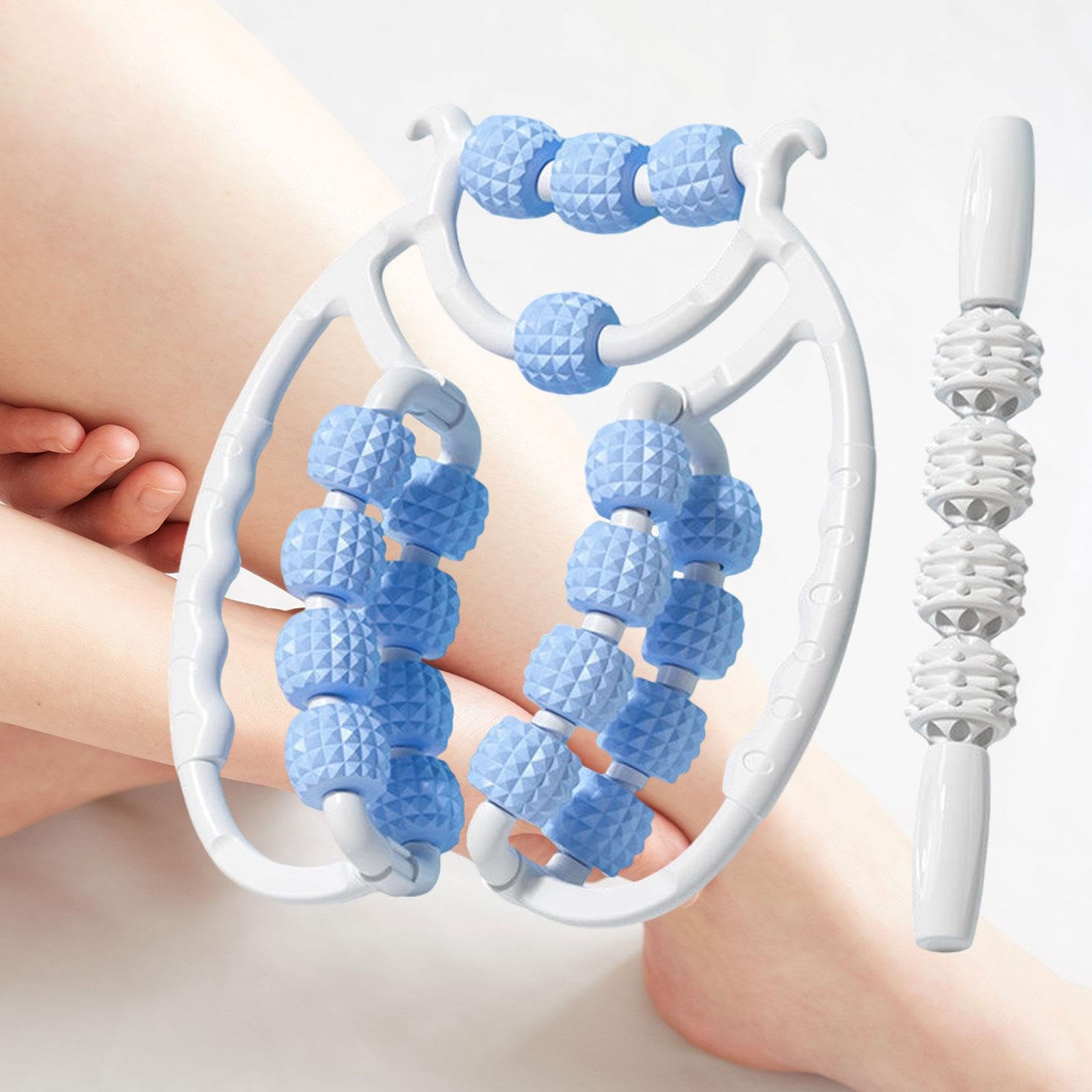 Menolana 20 Wheels Massage Roller Manual Elastic Multipurpose Portable Muscle Relaxation Roller with Massage Stick for Back Arms Thigh, Blue