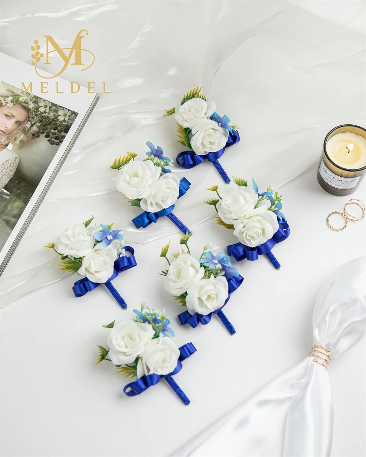 Meldel Blue Boutonniere for Men Wedding, Set of 6, Groom and Best Man Groomsmen Boutonniere Corsage for Prom Wedding Ceremony Anniversary, Homecoming, Formal Party and Rustic Fall Wedding Marriage - Image 2