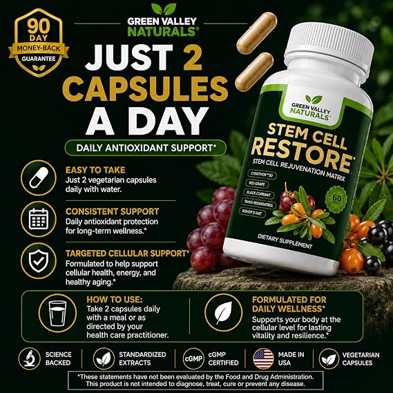 GREEN VALLEY NATURALS Stem Cell Restore | Cellular Support & Healthy Aging Supplement | CyanthOxTM 30 Sea Buckthorn, Grape Seed & Trans-Resveratrol | Antioxidant Supplement | 60 Vegetarian Capsules