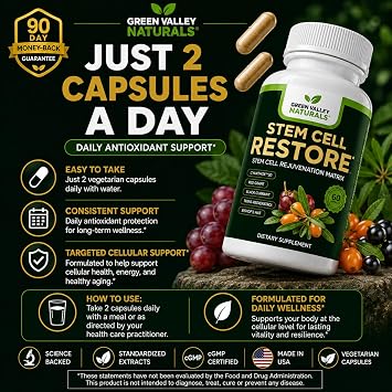 GREEN VALLEY NATURALS Stem Cell Restore | Cellular Support & Healthy Aging Supplement | CyanthOxTM 30 Sea Buckthorn, Grape Seed & Trans-Resveratrol | Antioxidant Supplement | 60 Vegetarian Capsules
