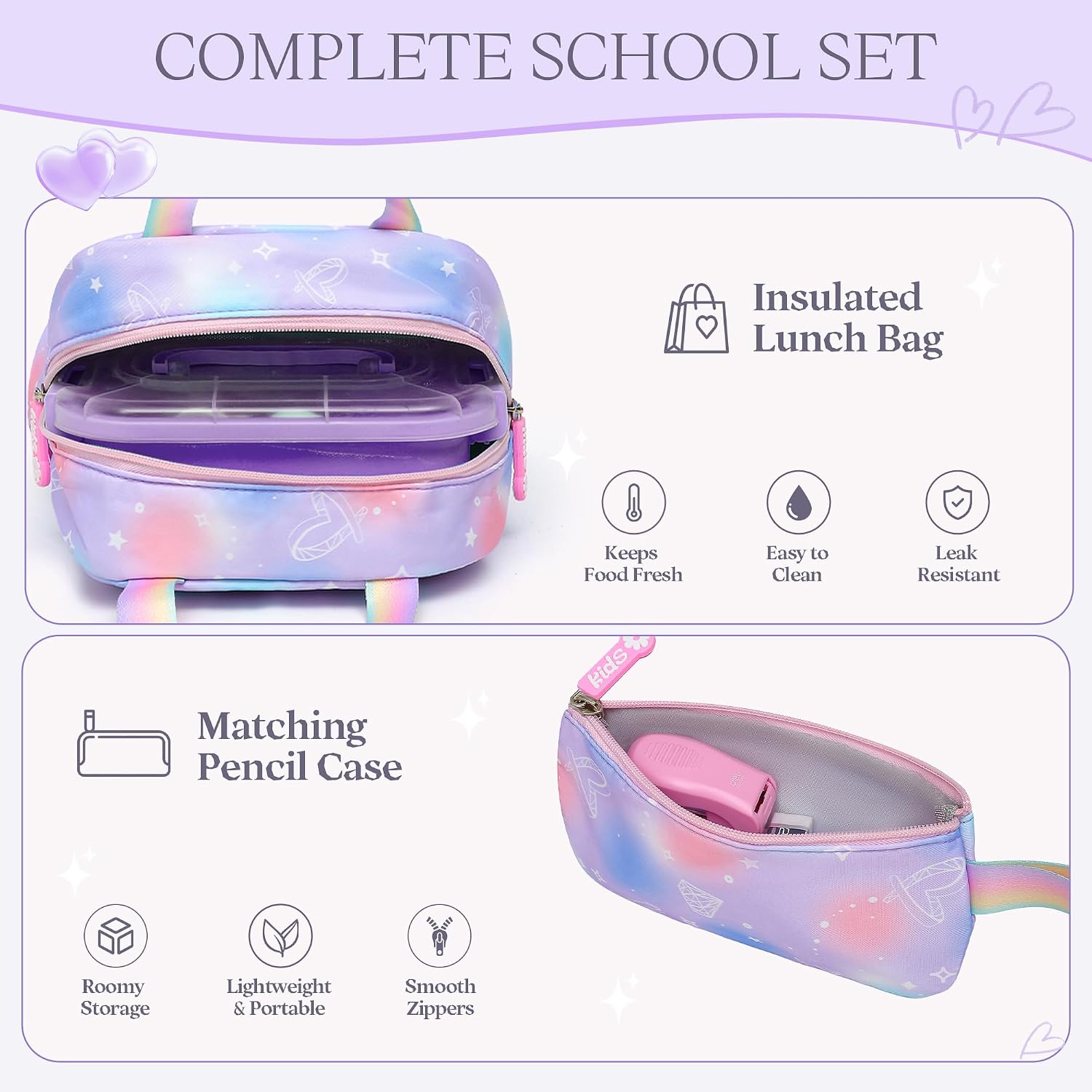 Alrisg Girls Backpack Set School Bookbag for Kids Elementary Middle School, Cute Backpack for Girls Purple