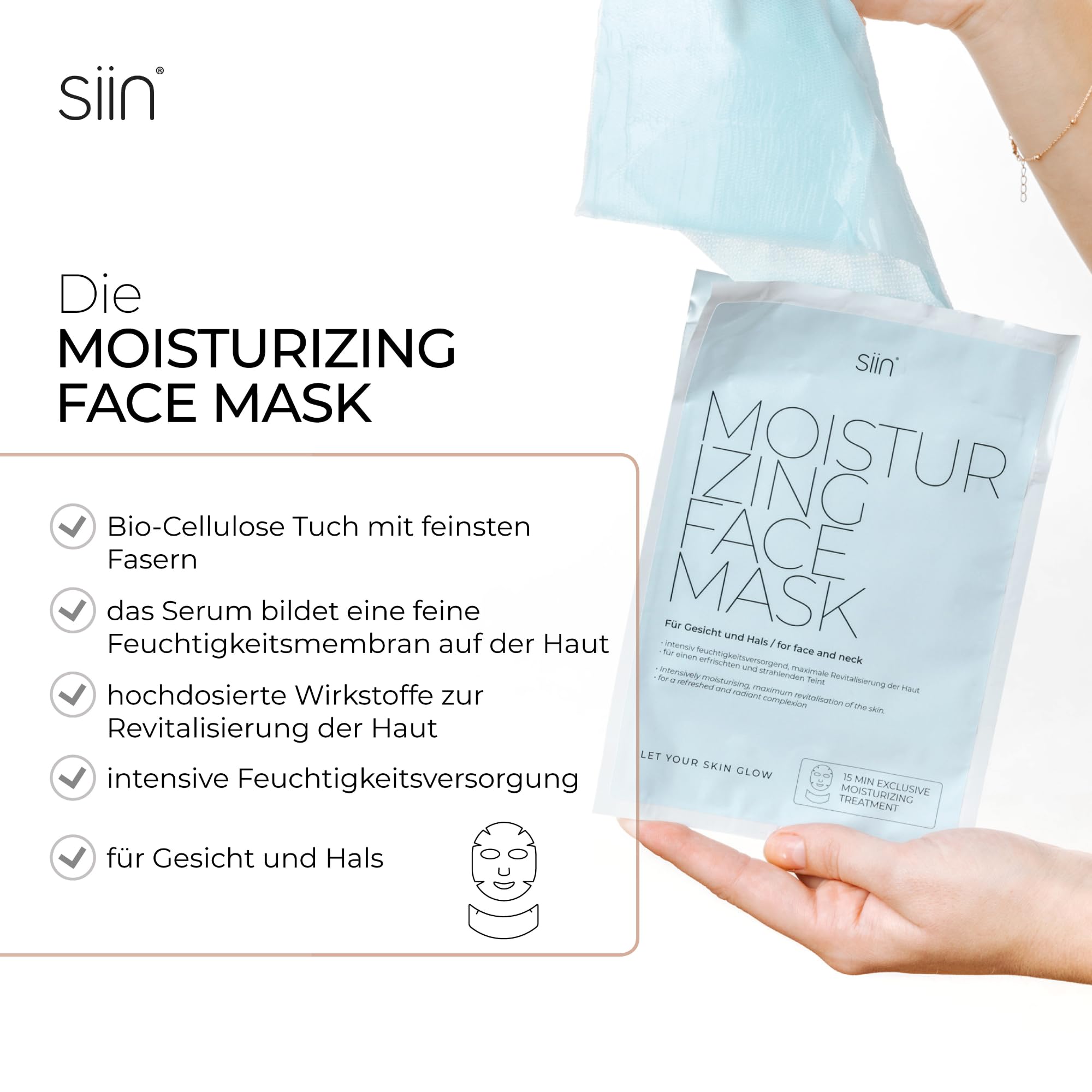 siin feuchtigkeitsspendende Gesichtsmaske - 5er pack Intensive Feuchtigkeit für trockene Haut - Tuchmaske mit Hyaluronsäure, Fucogel® & Kollagen - Intensive Feuchtigkeit für Gesicht und Hals