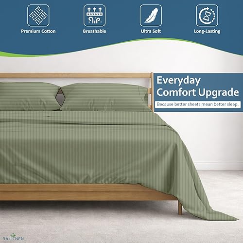 Miniatura 2 de Rajlinen Juego de sábanas de algodón egipcio de 4 piezas, 600 hilos, bolsillo profundo de 16 pulgadas, tamaño King, rayas salvia