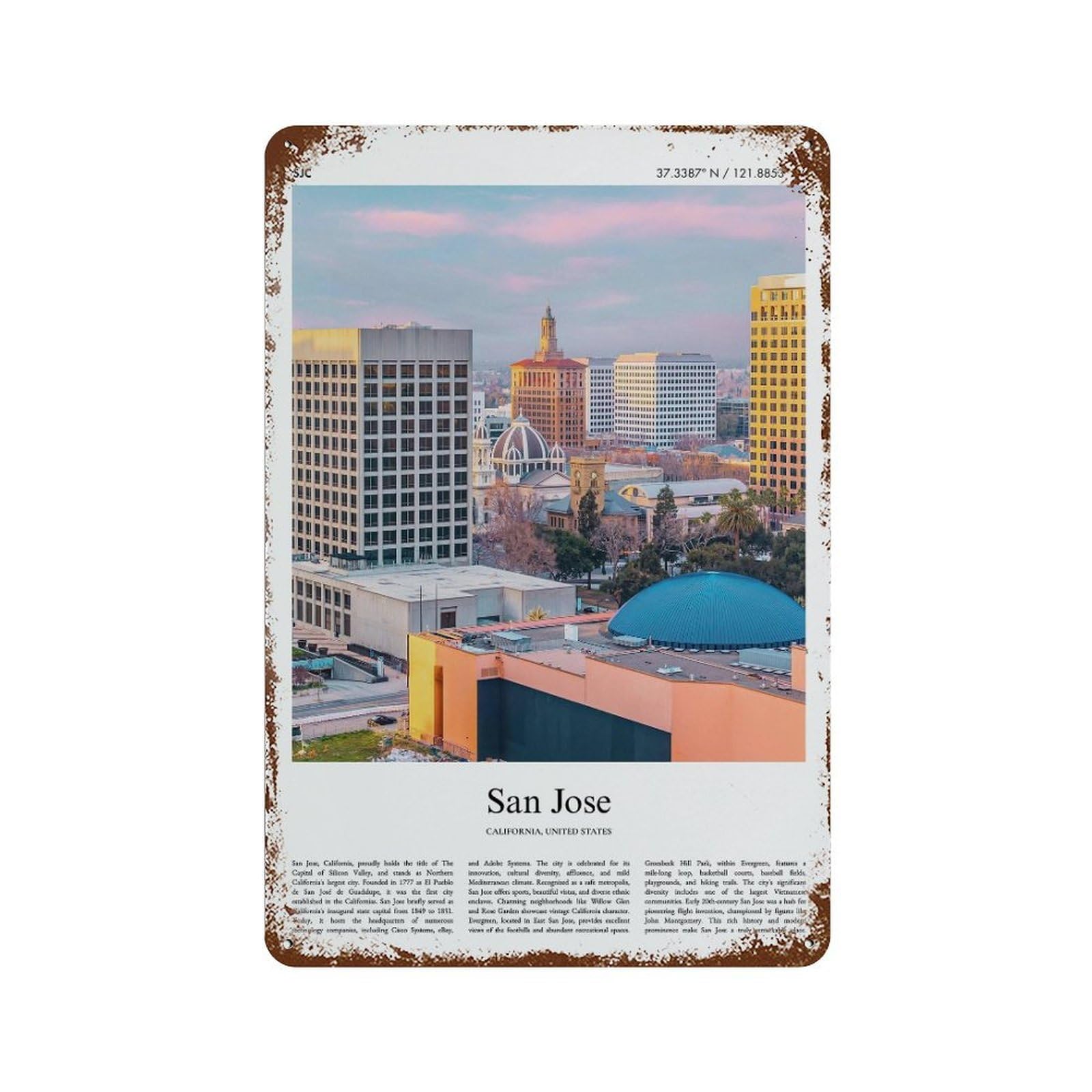 xiaoxiaoshen San Jose California, United States, USA City Scenery Wall Decor Art Metal Tin Poster Modern Home Decor Art Home Bar Shop Decorations Vintage Sign 30x20cm