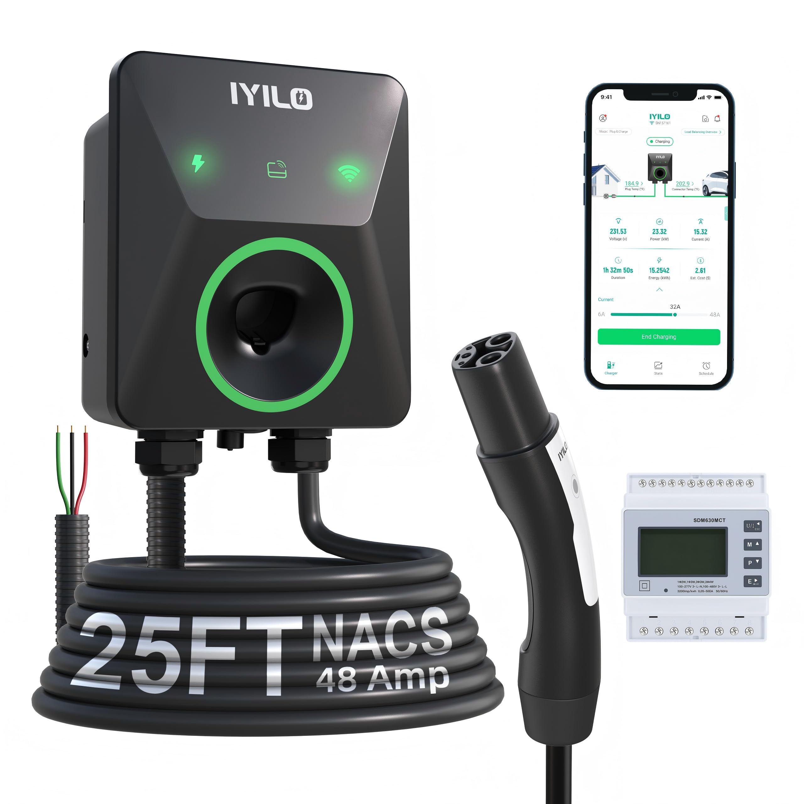Level 2 EV Charger with Energy Meter for Tesla, 48Amp/11.5KW/240V