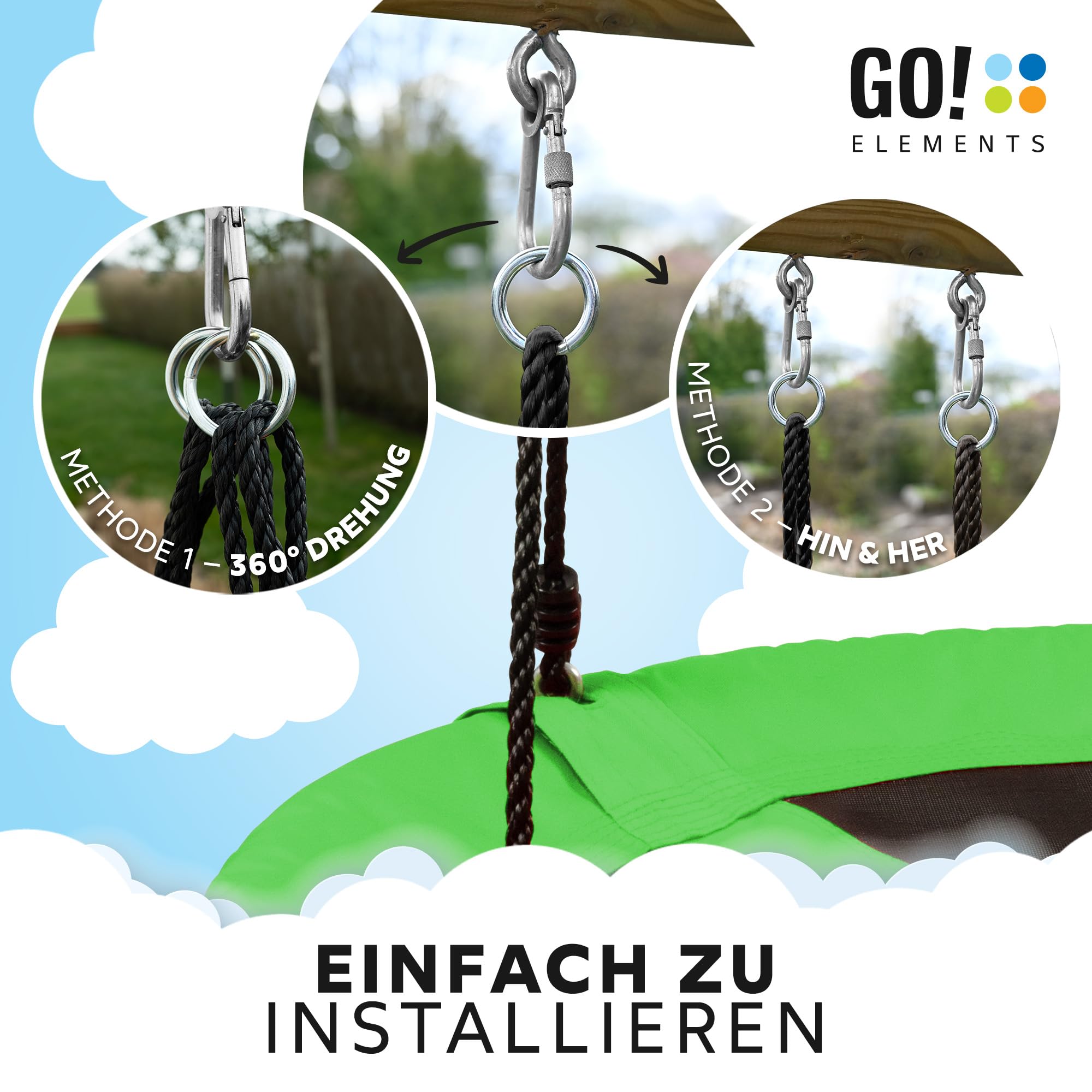GO!elements Nestschaukel Outdoor | Kinderschaukel oder Gartenschaukel | Höhenverstellbare Schaukel für Kinder & Erwachsene (Familienschaukel) bis 150 KG belastbar | Größe: ø 100cm, Farbe: Grün