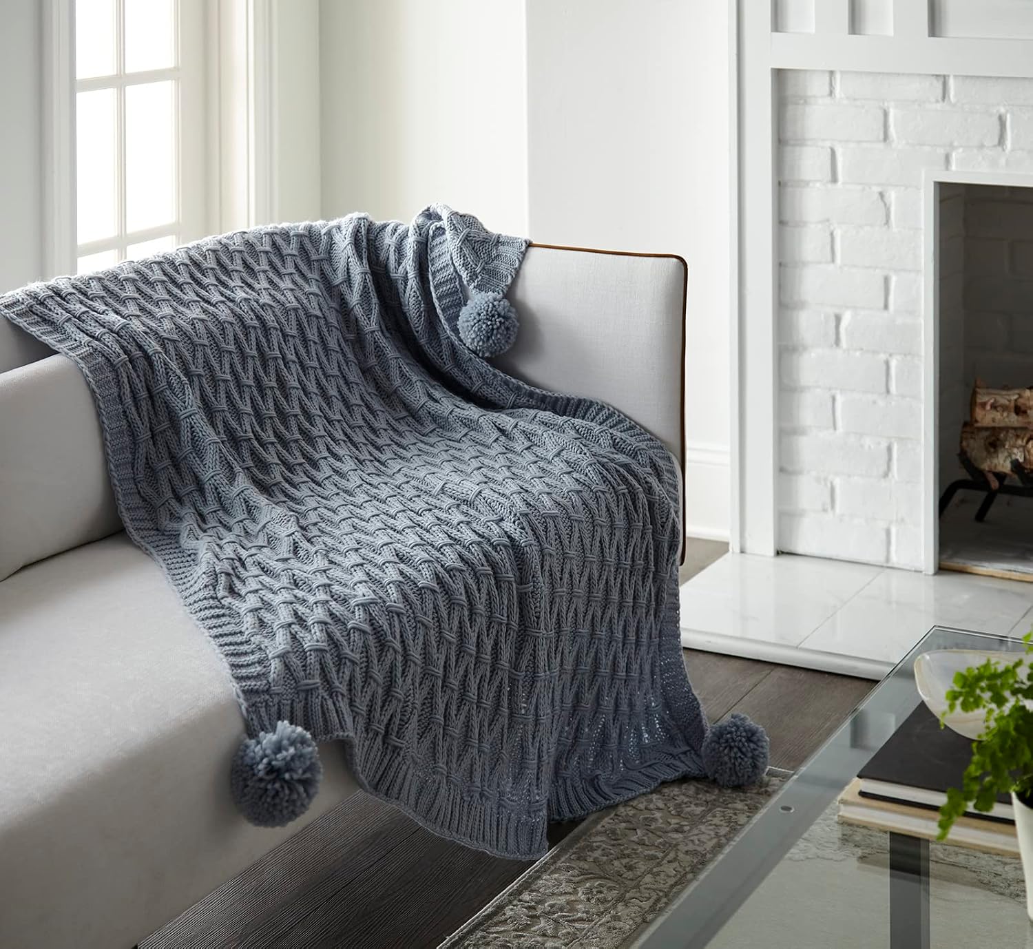 Crafted by Catherine Blue Pom-Pom Sweater Knit Throw 50" x 60"