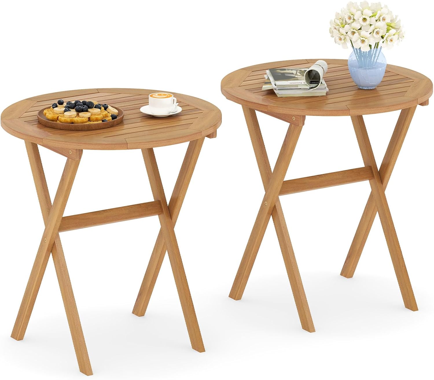 Tangkula 26-Inch Acacia Wood Outdoor Dining Table Set of 2, Folding Patio Round Dining Table with Slatted Tabletop & X-Shaped Frame, for Porch, Garden, Backyard, Poolside (2)