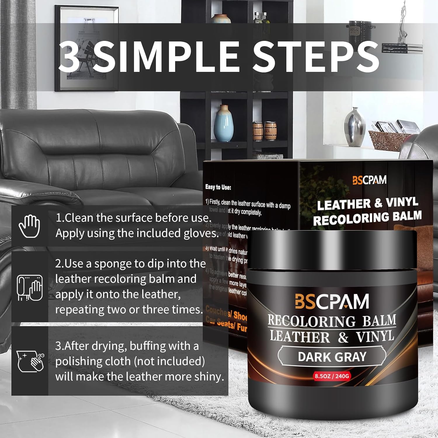 Dark Gray Leather Recoloring Balm,Leather Couch Scratch/Stain Remover,Leather Repair kit for Vinyl Furniture and Car Interior,Leather Dye Paint for Scratched and Faded Leather Couches - Image 5