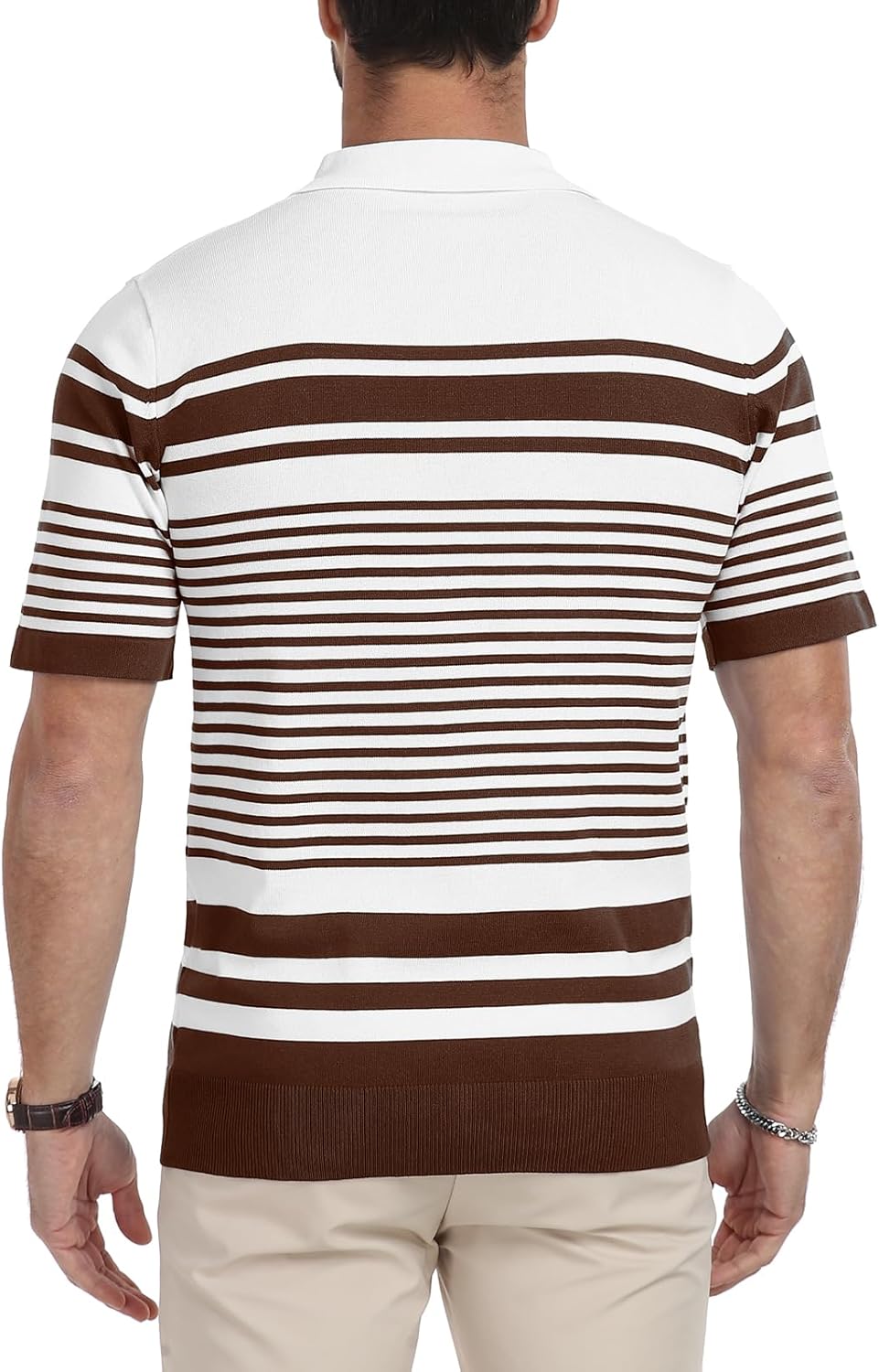 KUYIGO Men's Knit Collared Polo Shirts Short Sleeve Zipper Striped Tops Classic Fit Casual Soft T-Shirt Small A3-coffee image 4 of 6 B0DQ4X3NRK