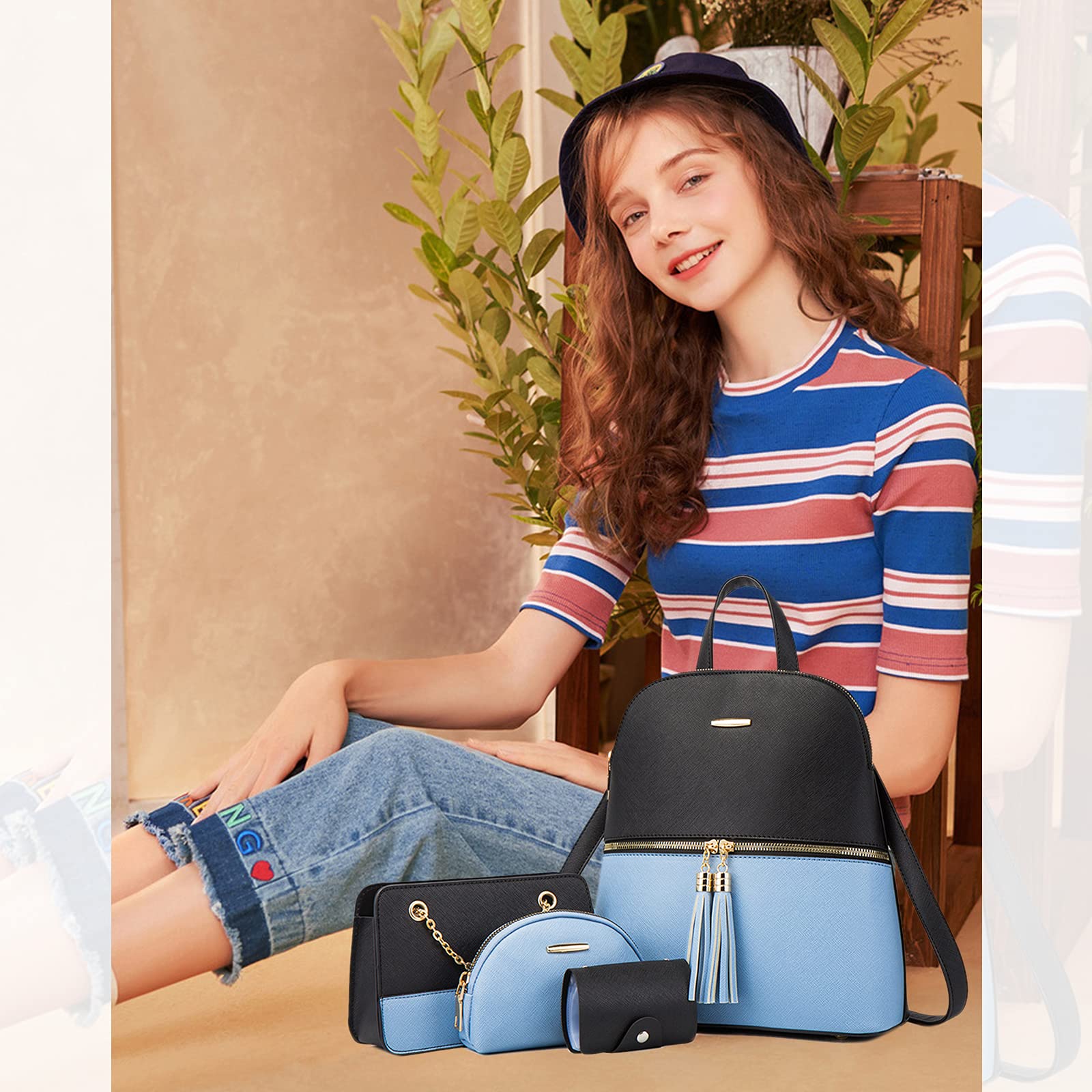 NICOLE & DORIS Zaino Donna Moda Borse a Zainetto Casual Backpack Borsa a Tracolla PU Pelle Borsa Zaino Donna Set 4 in 1