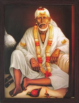 SANVIKA Sai Baba Poster Frame Wall Decor, Sai Baba Photo Art Frame For Living Room Decor, Hindu Decor For Home Office, Pooja Room-12" x 9" Sai Baba Sitting on Bed and Wearing White Clothes -2