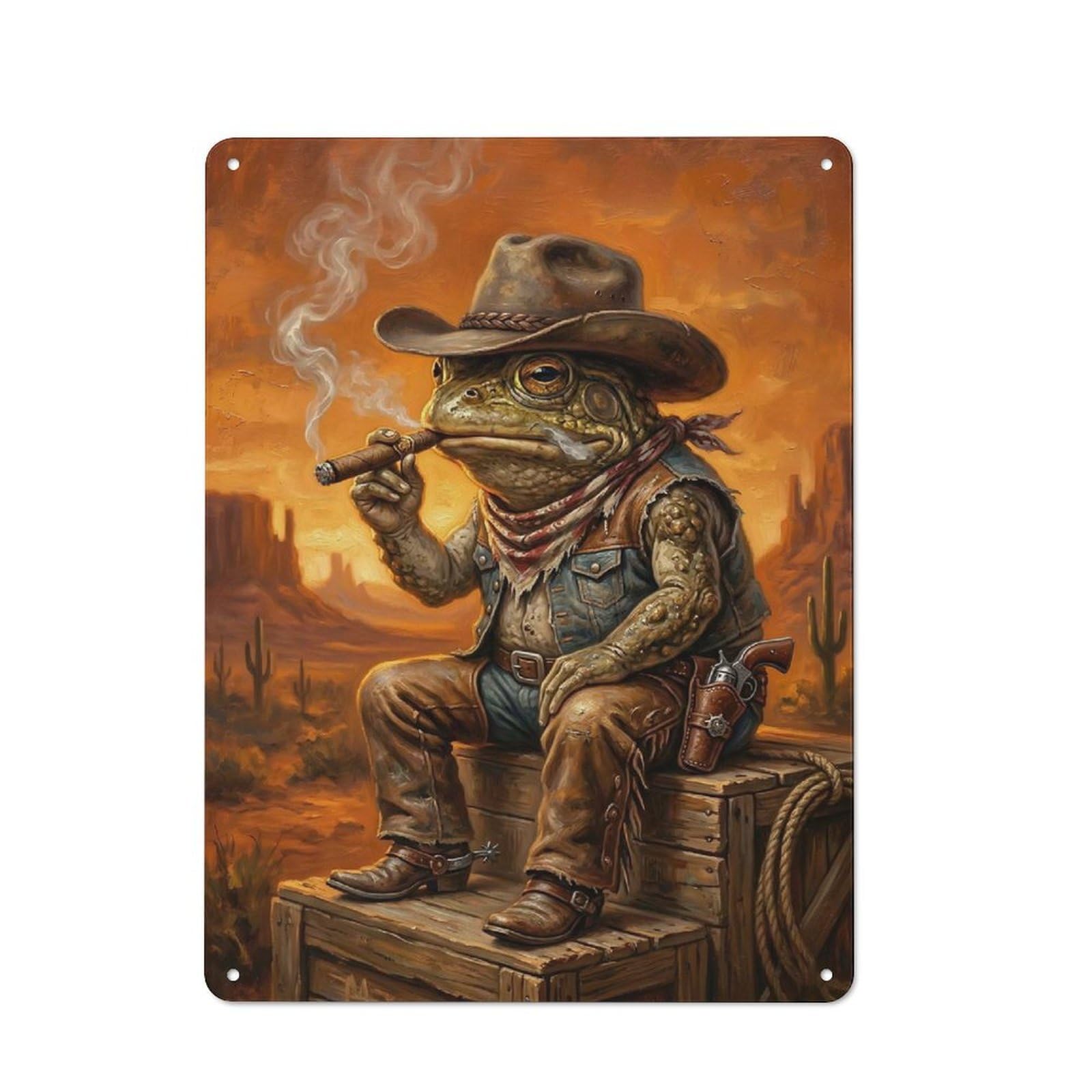 Junmoney Style Cowboy Frog Smoking Cigar In Desert Industrial- Metal Sign 40X30cm For Living Room Wall, For Collectors Decorating Living Rooms And Feature Walls