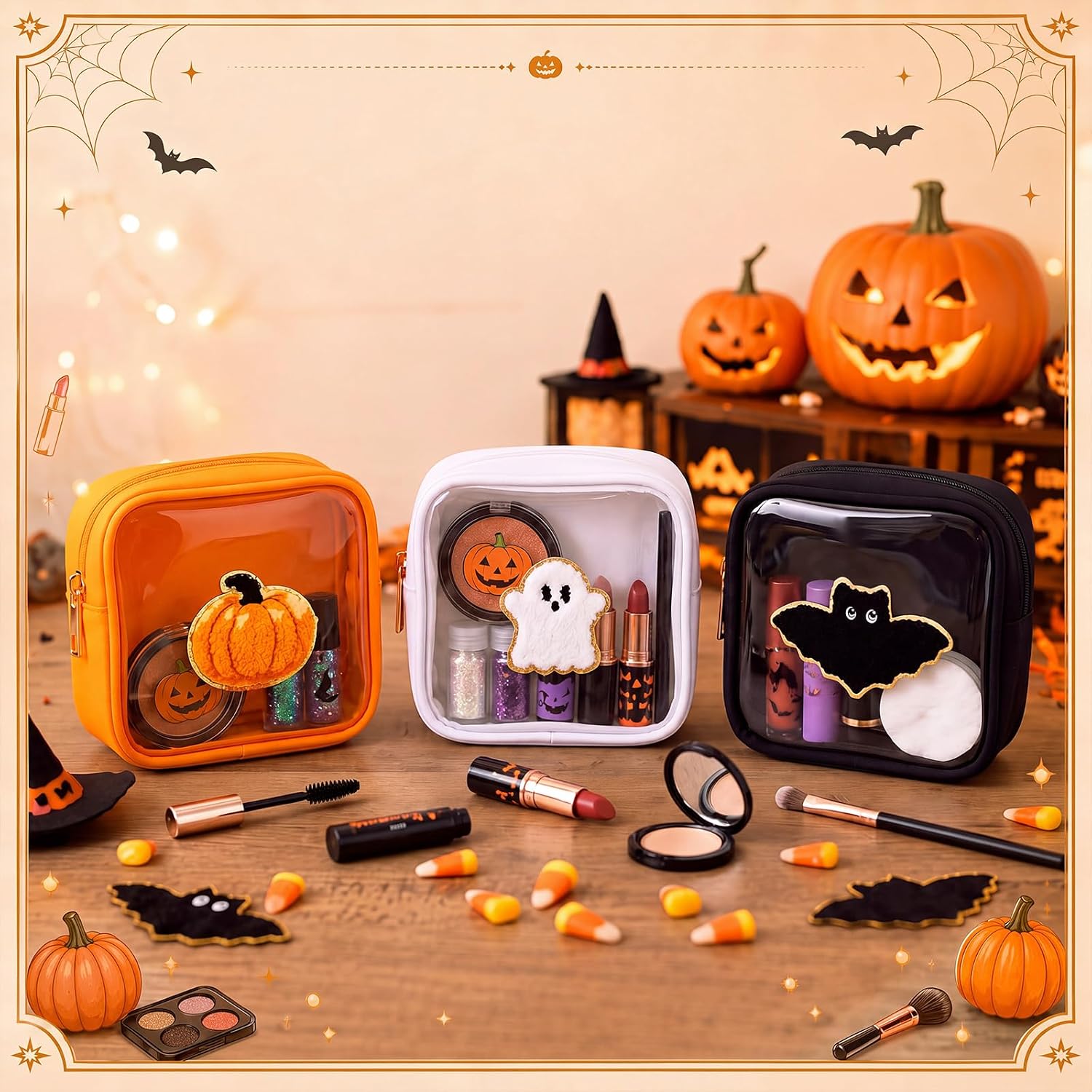Dansydaisy 6 Pcs Halloween Makeup Bags Zipper Clear Pumpkin Ghost Bat