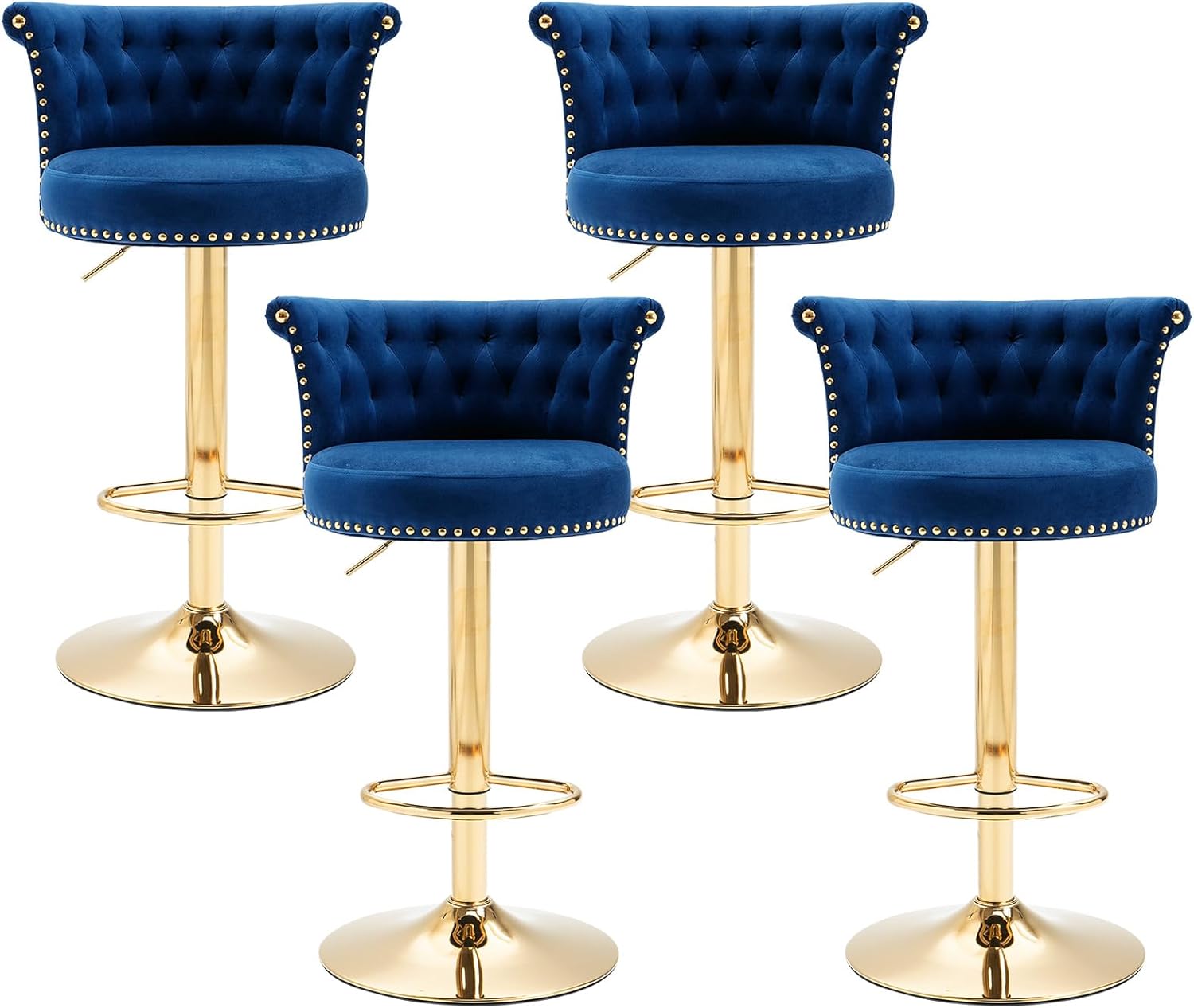 Modern Swivel Bar Stools Set of 4, Adjustable Counter Height Gold Barstools with Backs Upholstered Tufted Velvet Bar Chairs for Kitchen Island Counter Stools Taburetes Para Barra De Cocina Navy Blue