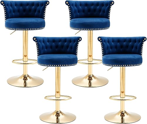 Miniatura 20 de Taburetes de bar giratorios modernos, taburetes de bar ajustables de altura de mostrador dorados con respaldo, sillas de bar tapizadas de terciopelo