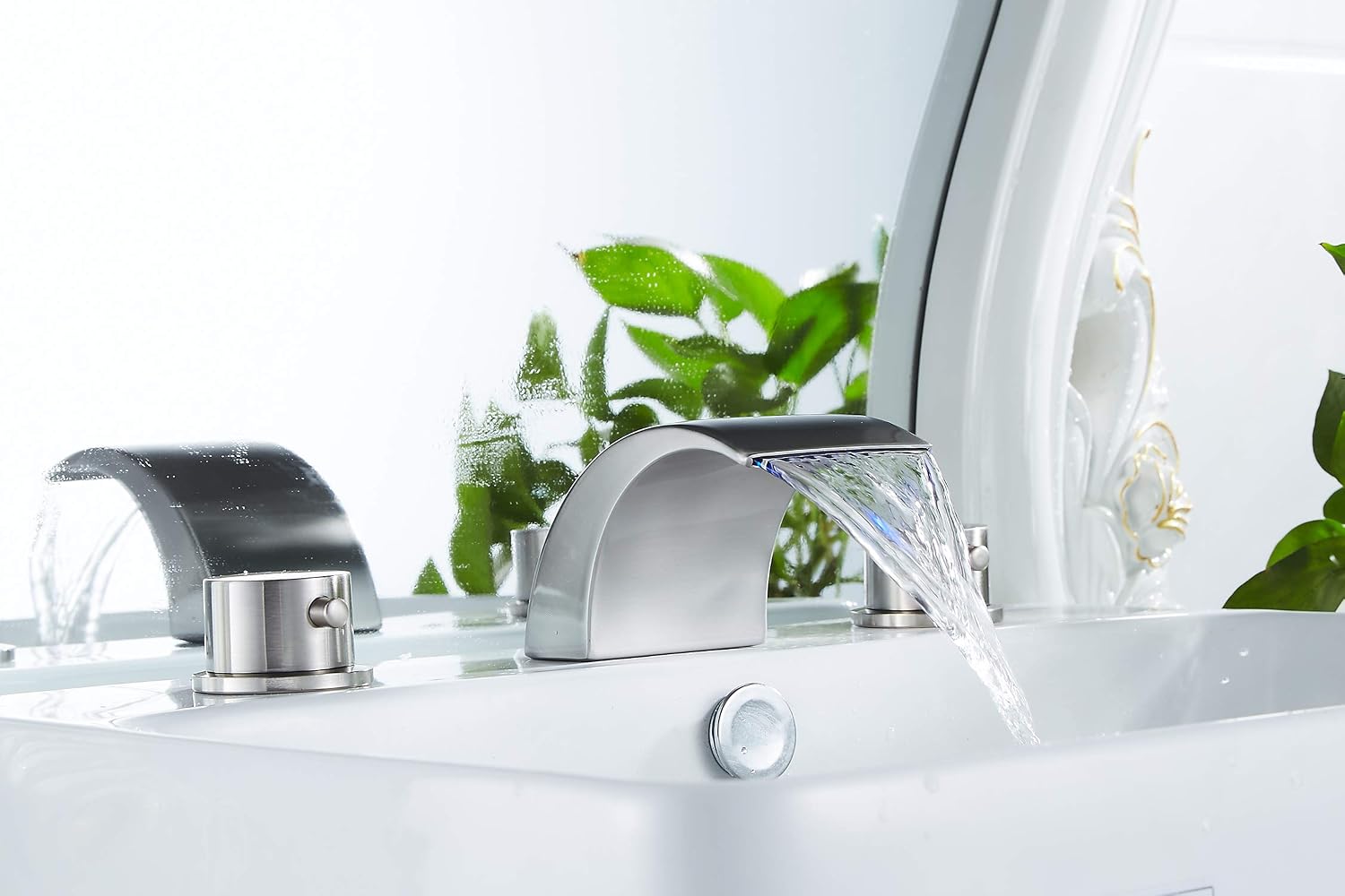 Product Deal Bathroom Faucet Brushed Nickel GGStudy 2 Handle 3 Hole 8inch Widespread Bathroom Sink Faucet Led Light 3 Colors No Need Battery Waterfall Bathroom Vanity Faucet