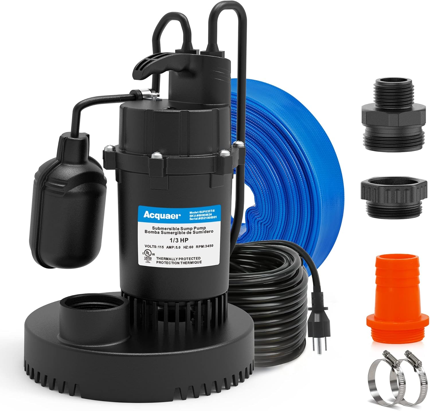 Acquaer 1/3HP Sump Pump, 3040GPH Submersible Clean/Dirty Water Pump with Automatic Float Switch and 10ft Power Cord Sub Pump for Basement&Acquaer 1-1/2" x 50 FT Pool Backwash Hose