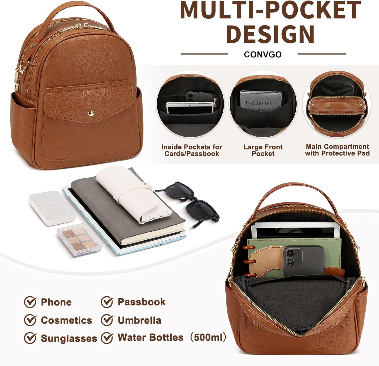 Small Backpack Purse for Women PU Leather Mini Backpack Travel Convertible Shoulder Bag with 3 Replaceable Shoulder Straps, Brown