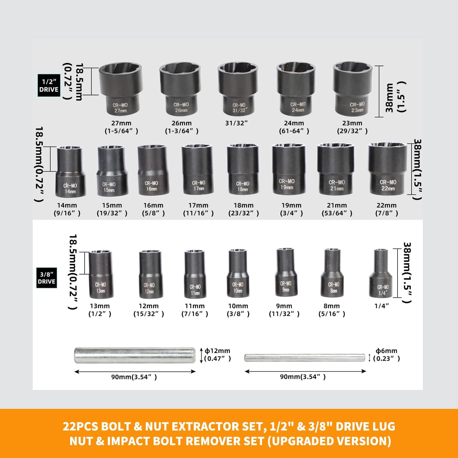 22 Piece Bolt Nut Extractor Set, 1/2" & 3/8" Drive Impact Lug Nut Removal Tool & Wheel Lock Removal Kit for Stripped, Damaged & Frozen Nuts, Bolts & Screws
