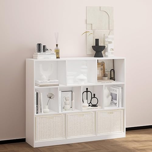 Miniatura 4 de Estantería de madera de 10 cubos con base, estantería horizontal independiente de 3 niveles, estantería abierta con cubo organizador de