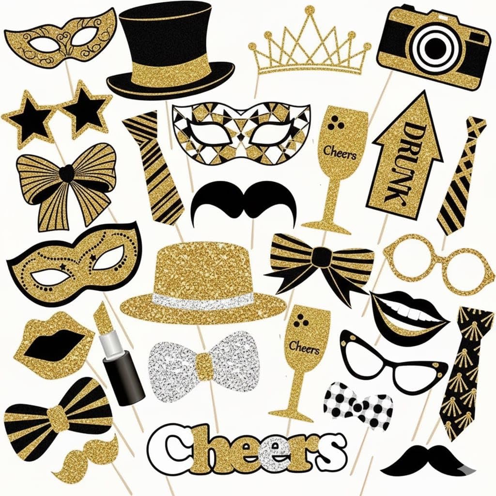 Photo Booth Props Set, Black and Gold Glitter, Party Accessories, New Year's Eve Theme, 30 Pieces