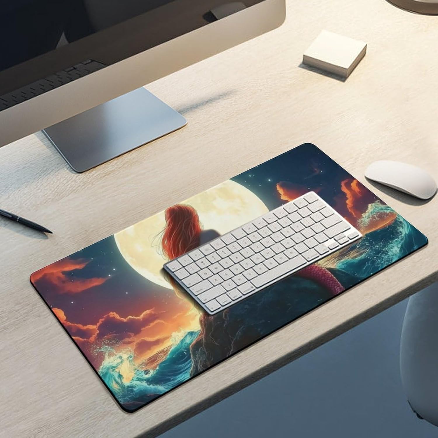 Mermaid Red Wave Rock Moon Large Mouse Pad Gaming Mousepad Desk Pad for Keyboard and Mouse Mat Non-Slip Base 30x60cm