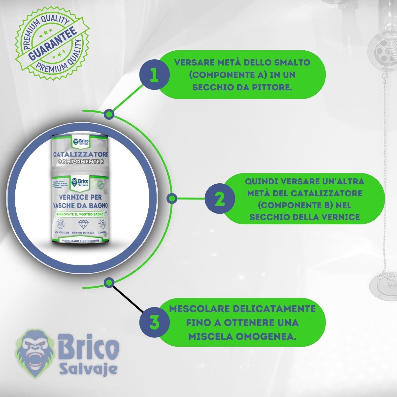 Vernice per Vasca da Bagno Finitura SATINATA Due Componenti 600+150 ML | Applicazione facile | Finitura ceramica | Impermeabile (Ceramica Aniston bianca)