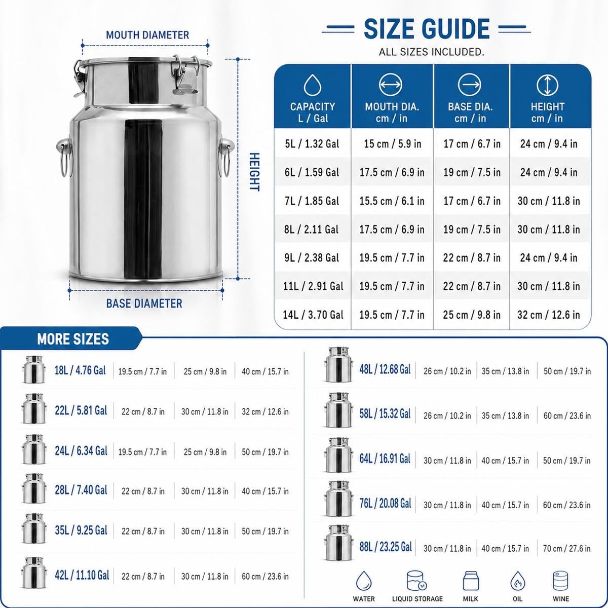 Pot à Lait INOX 5L 18L 35L 88L avec Couvercle Scellé, Seau Alimentaire en Acier Inoxydable Étanche pour Ferme et Cuisine, Bidon de Transport pour Lait, Miel et Céréales(No Spigot,24L/6.34Gal)