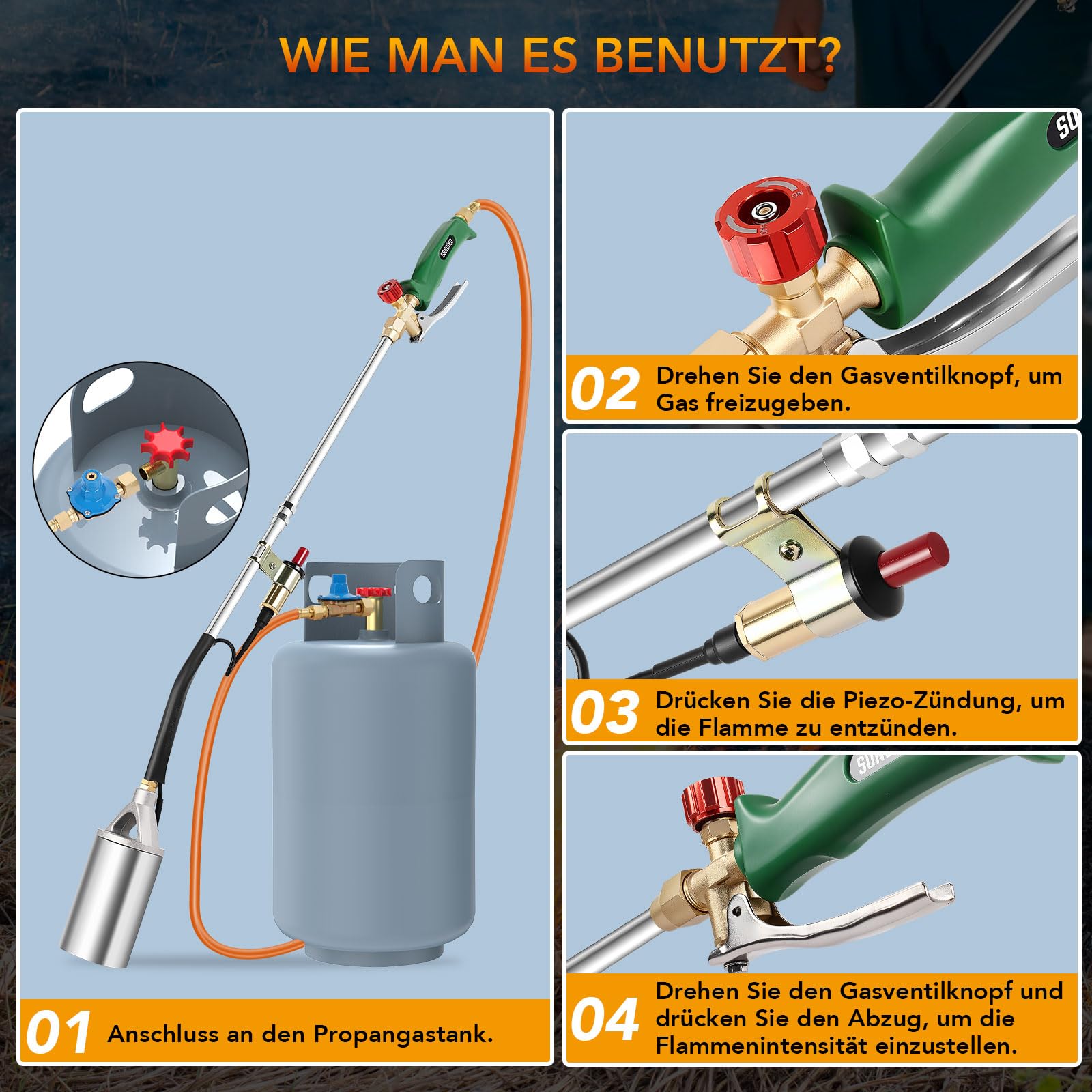 Sondiko Désherbeur de mauvaises herbes à grande flamme - Brûleur à gaz haute performance avec tuyau de 3 m - Réducteur de pression et accessoires - Brûleur de mauvaises herbes pour jardin, allée