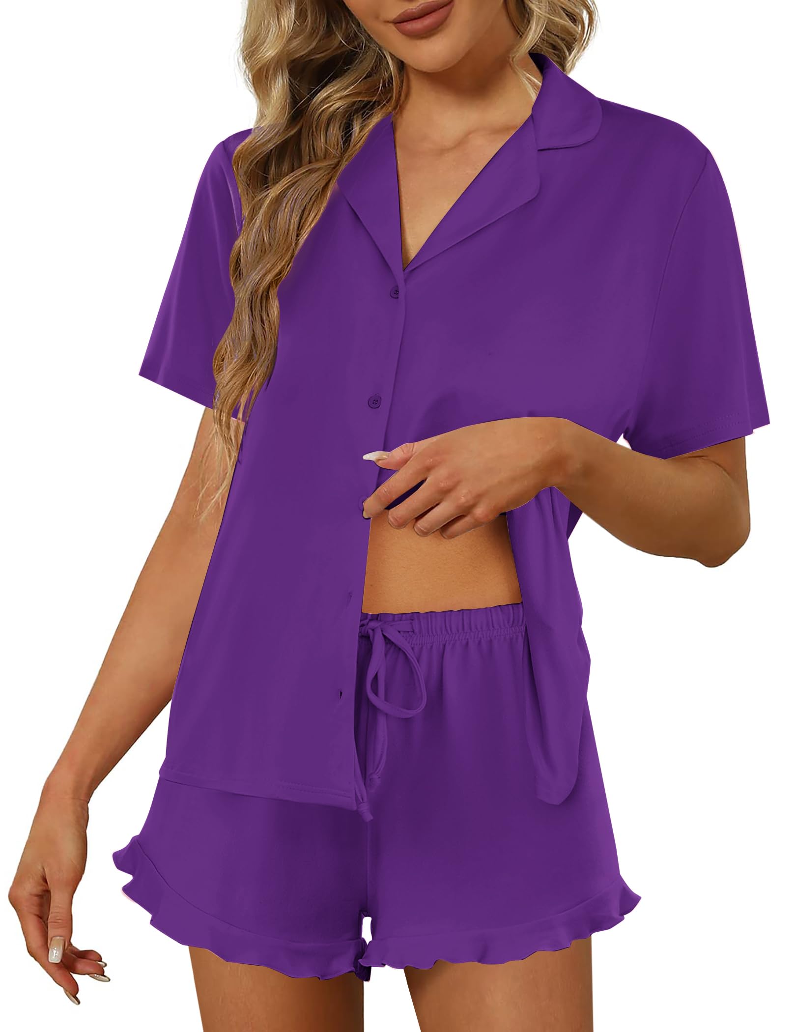 Ekouaer Pajamas Set for Women Short Sleeve Sleepwear Button Down Ruffle Pjs | Soft Pjs Shorts Set, Notch Collar, Lounge Sets for Sleep, Lounge, Wedding, Bridal Party